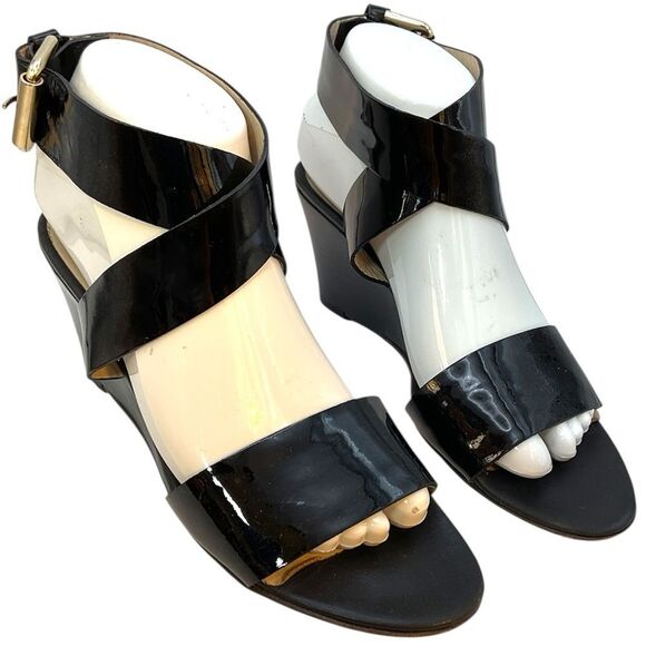 AGL LADIES SHOES 37 1/2 black patent strappy capsule heels sandals minimalist - Picture 13 of 13